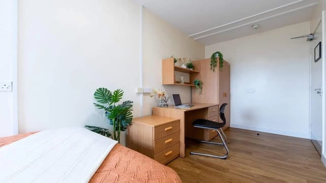 Bed desk plants wardrobe student accommodation bedroom at Garth Heads in Newcastle Upon Tyne Student Accommodation