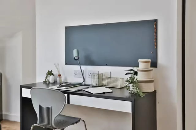 Desk with chair lamp and board Study area at The Octagon in Liverpool Student Accommodation