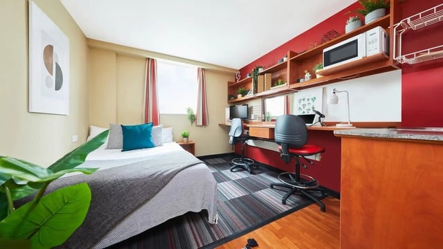 Bed desk chairs microwave and plants bedroom at Market Way in Coventry Student Accommodation