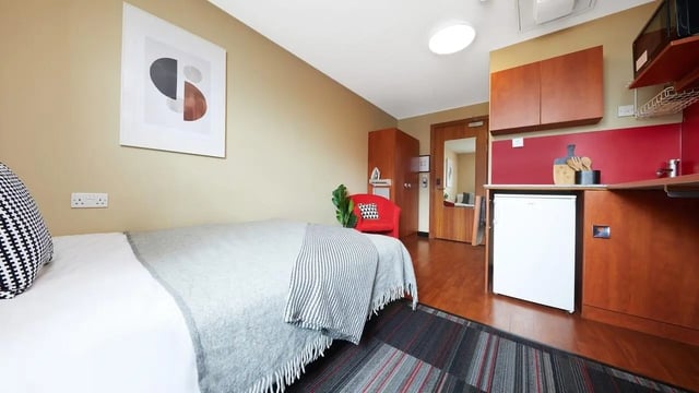 Bed fridge artwork red chair kitchen living room at Market Way in Coventry Student Accommodation