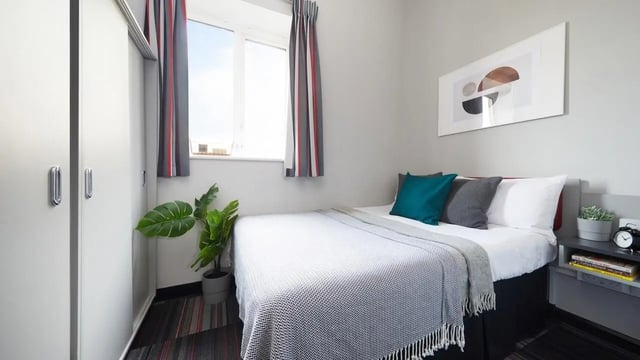 Bed with pillows plant wardrobe abstract art Bedroom at Pillar Box in Coventry Student Accommodation