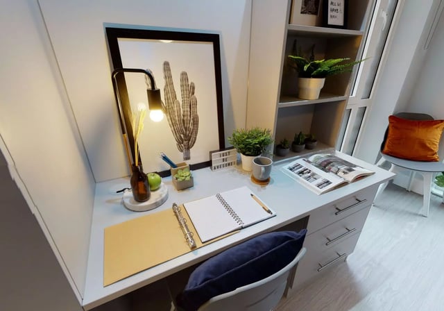 Desk lamp notebook plants and artwork study area at iQ Magenta House in London Student Accommodation