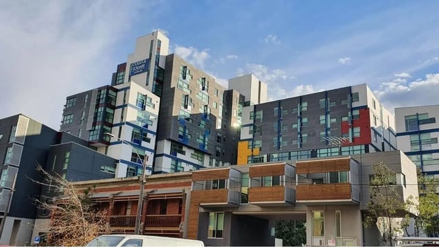 College Square campus building modern exterior exterior at Student Living - 800 Swanston in Melbourne Student Accommodation