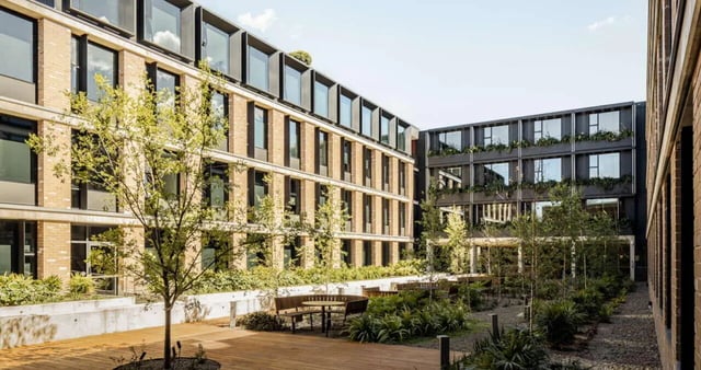 Modern student housing courtyard with trees and seating Exterior at Iglu Summer Hill in Sydney Student Accommodation