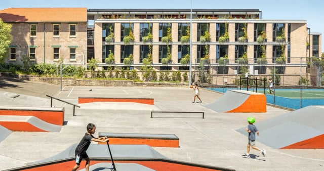 Skate park with ramps and basketball court exterior at Iglu Summer Hill in Sydney Student Accommodation