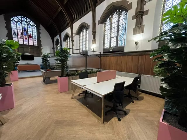 Study desks pool table and plants common area at The Priory in Leeds Student Accommodation