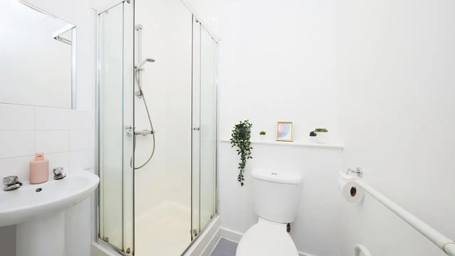 Shower sink toilet plants and frame bathroom at Collegiate Bonhay House in Exeter Student Accommodation