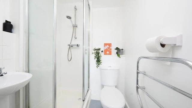 Sink shower toilet plants and towel rail bathroom at Collegiate Bonhay House in Exeter Student Accommodation