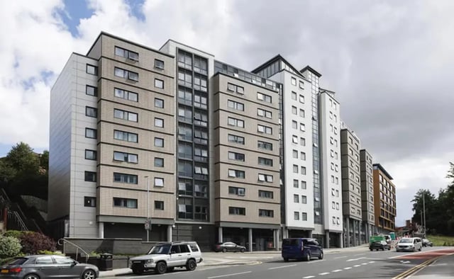 Modern apartment buildings with many windows exterior at Concept Place in Leeds Student Accommodation