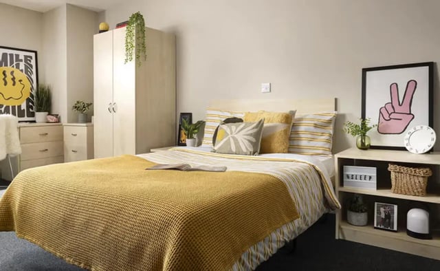 Bed desk wardrobe and accessories bedroom at Concept Place in Leeds Student Accommodation