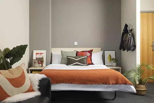 Bed with pillows blanket plants and artwork bedroom at Concept Place in Leeds Student Accommodation