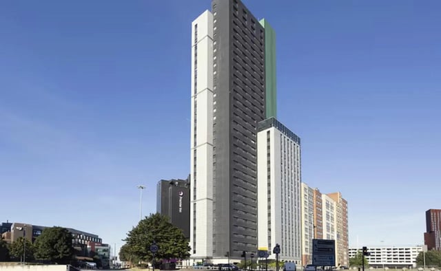 Tall student accommodation buildings with windows exterior at Sky Plaza in Leeds Student Accommodation