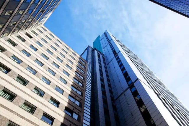 Modern apartment buildings with many windows exterior at Sky Plaza in Leeds Student Accommodation