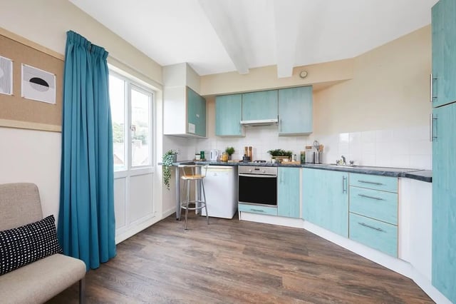 Aqua cabinets oven fridge and stool kitchen at Point Exe Exeter in Exeter Student Accommodation