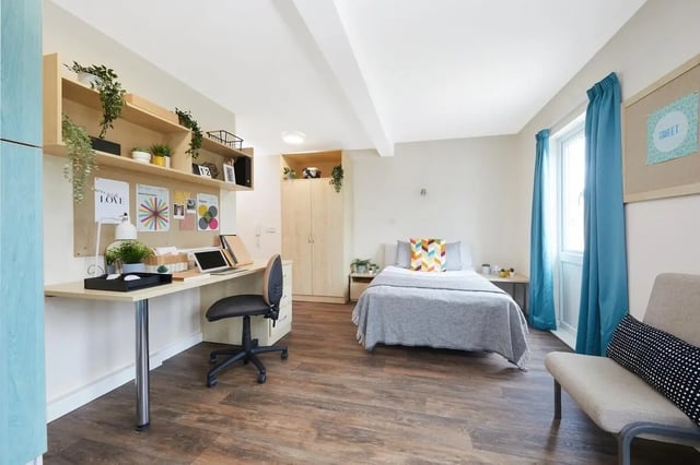 Desk bed wardrobe and chair bedroom at Point Exe Exeter in Exeter Student Accommodation