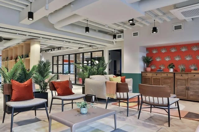 Modern lounge with sofas chairs and plants living room at St Mark's Court in Leeds Student Accommodation
