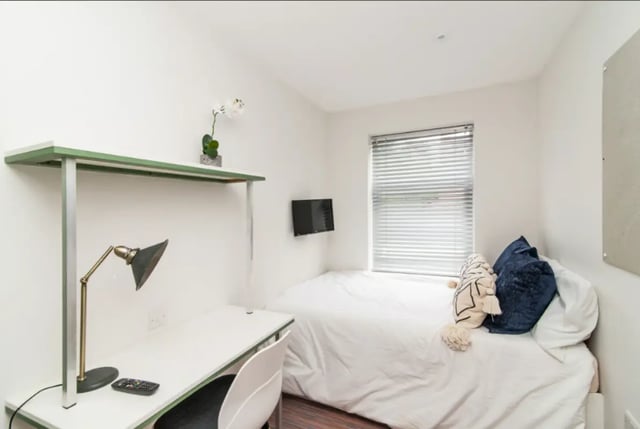 Desk lamp plant TV bed with pillows Bedroom at 18 Cauldon Road in Stoke-On-Trent Student Accommodation