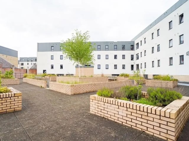 Paved courtyard with brick planters and tree exterior at Beaverbank Place in Edinburgh Student Accommodation