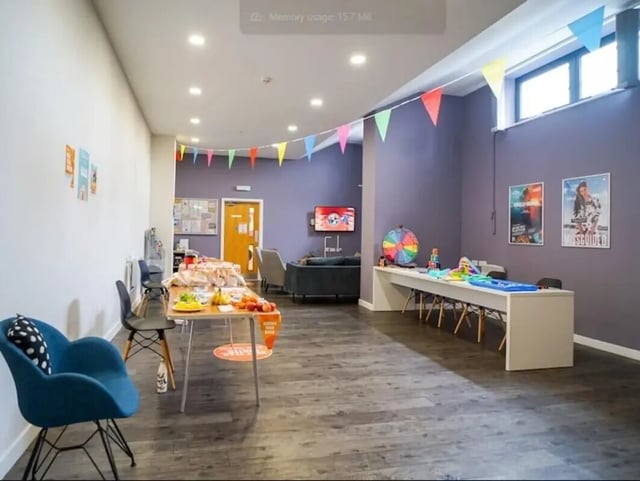 Food tables chairs and game wheel communal area at Beaverbank Place in Edinburgh Student Accommodation