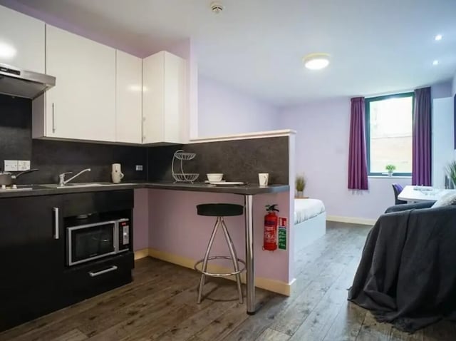 Modern studio kitchen with microwave and bed bedroom at Beaverbank Place in Edinburgh Student Accommodation