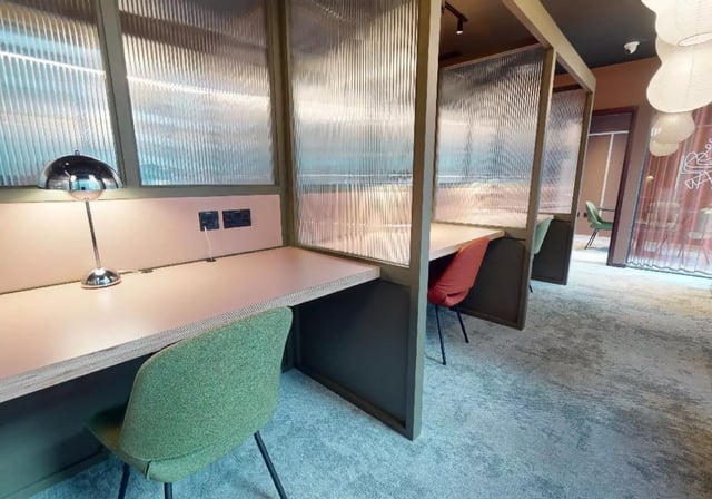 Desks chairs lamps and outlets study area at iQ City in London Student Accommodation