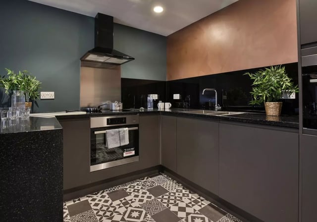 Modern kitchen with stove oven cabinets and plants kitchen at iQ Hammersmith in London Student Accommodation