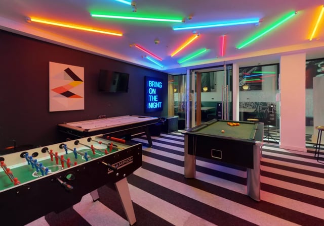 Foosball table air hockey pool table playing area at iQ Hammersmith in London Student Accommodation