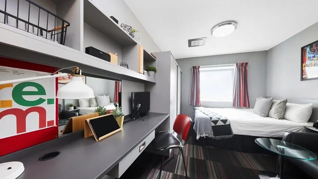 Desk bed shelving and window Bedroom at Clarendon Street in Nottingham Student Accommodation