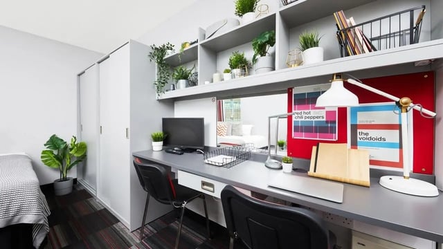 Desk with chairs computer plants and shelving study area at Clarendon Street in Nottingham Student Accommodation