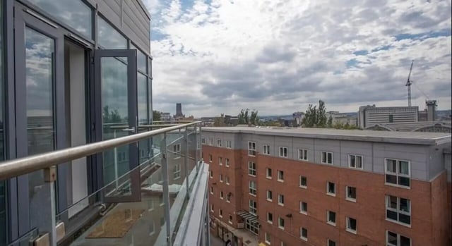 Balcony railing glass doors city view Exterior at Windsor Court in Liverpool Student Accommodation