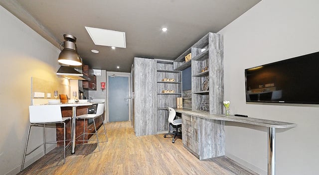 Modern studio kitchen desk shelving and TV living room at Marketgait Apartments in Dundee Student Accommodation