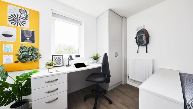 Desk plants laptop backpack and bed bedroom at Collegiate Riverside Way Winchester in Winchester Student Accommodation