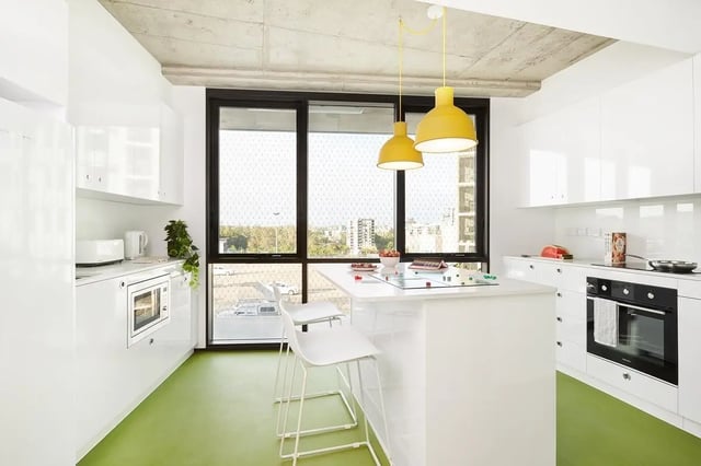 White island white cabinets oven microwave kitchen at Scape Toowong in Brisbane Student Accommodation
