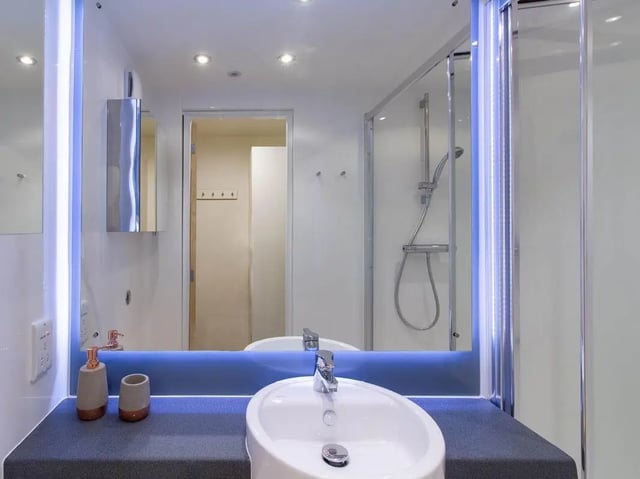 Sink mirror shower cabin toiletries bathroom at Bridge Street Exchange in Cardiff Student Accommodation