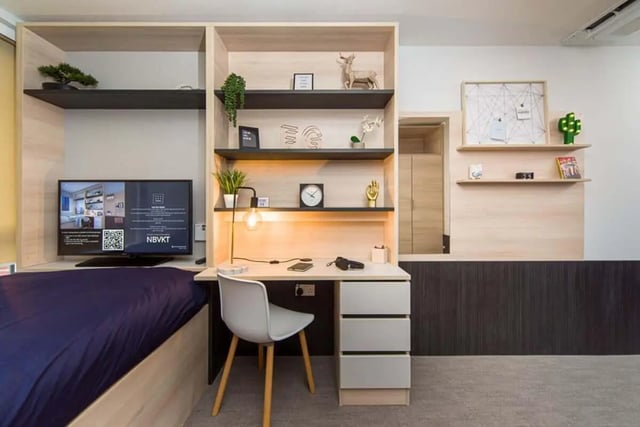 Bed desk shelves TV study area at Steel City in Sheffield Student Accommodation