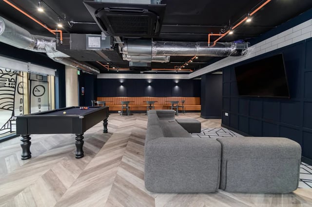 Pool table sofa TV seating area lounge at Stanley Studios in Southampton Student Accommodation