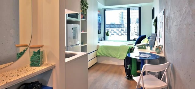 Bed Fridge Microwave Desk Mirror Bed Living Room at Scape Leicester in Melbourne Student Accommodation