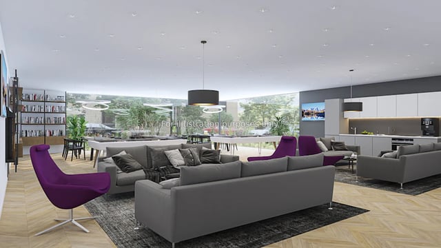 Sofa chairs coffee tables bookshelves kitchen area living room at Aire in Stoke-On-Trent Student Accommodation