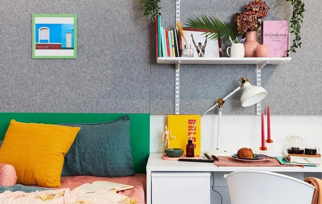 Bed study desk and pillows bedroom at Scape Darlington in Sydney Student Accommodation