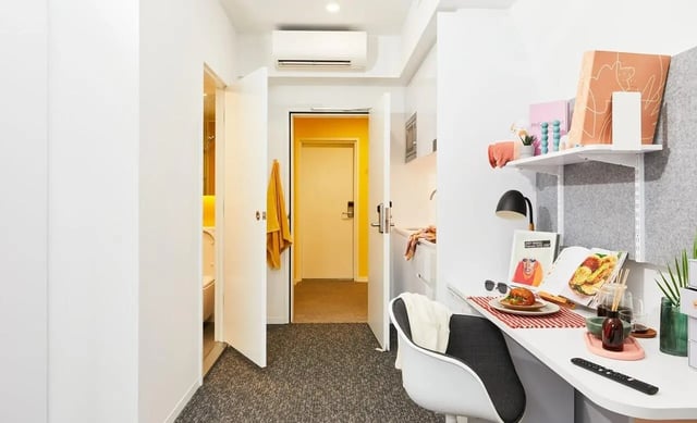 Desk chair sink and books study area at Scape Darlington in Sydney Student Accommodation