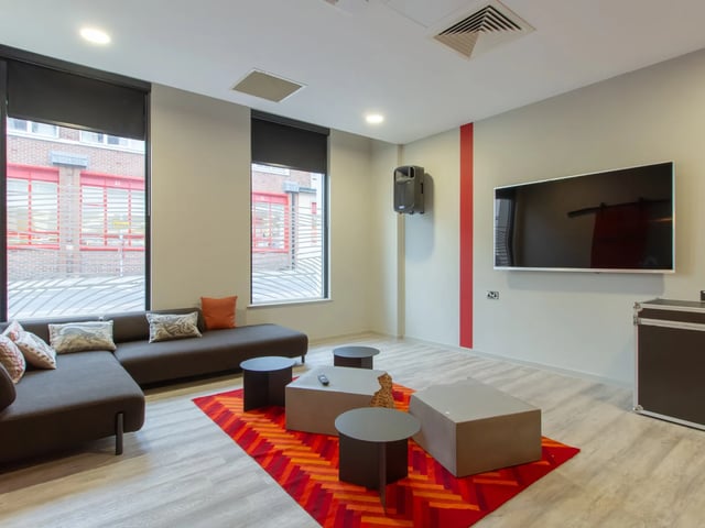 Sofa television coffee tables on rug living room at The Barn in Exeter Student Accommodation
