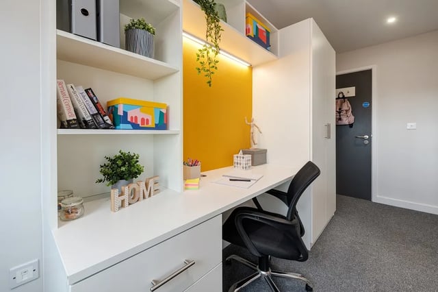 Desk shelves chair door backpack study area at Central Living in Exeter Student Accommodation