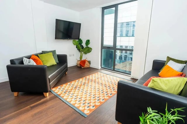 Two black couches patterned rug TV living room at Grafton Street in Manchester Student Accommodation