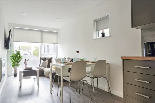 Dining table with chairs kitchen counter kettle living room at The Quarry in Falmouth Student Accommodation
