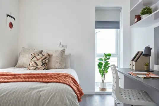Bed with patterned pillows orange throw desk with lamp Bedroom study area at The Quarry in Falmouth Student Accommodation