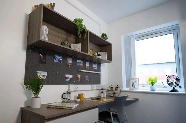 Desk with photos and plants study area at Moor Lane Halls in Preston Student Accommodation