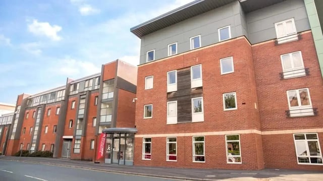 Modern brick student accommodation building exterior at Moor Lane Halls in Preston Student Accommodation