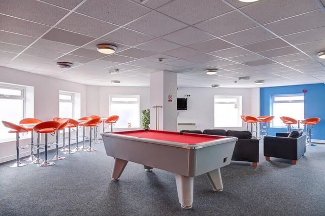 Pool table bar stools sofas communal area at Dunn House in Sunderland Student Accommodation