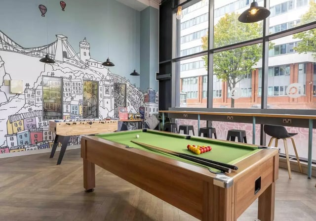 Pool table foosball table mural game area at iQ Bristol in Bristol Student Accommodation