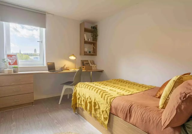 Bed desk chair drawers and window bedroom at iQ Leeds in Leeds Student Accommodation